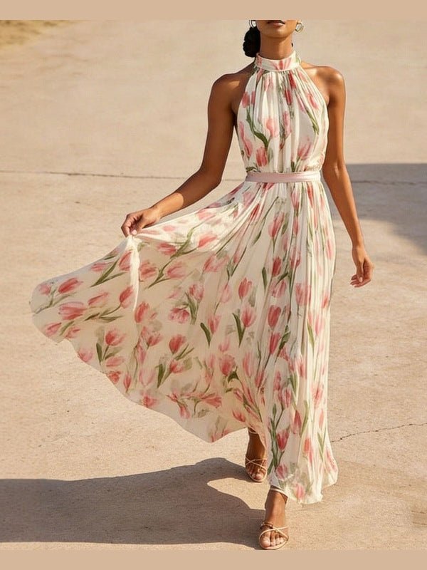 Women's Halterneck High-Waist Swing Dress – Floral & Solid Prints - Courbe et Compagnie