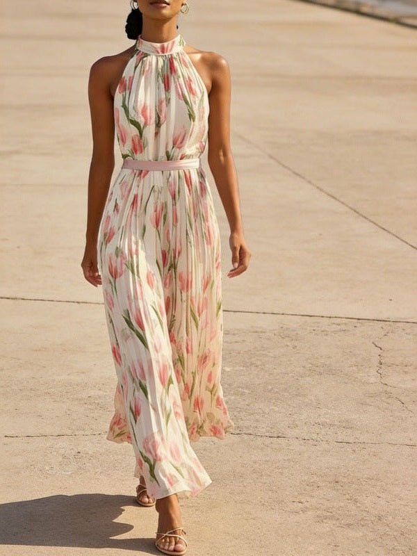 Women's Halterneck High-Waist Swing Dress – Floral & Solid Prints - Courbe et Compagnie
