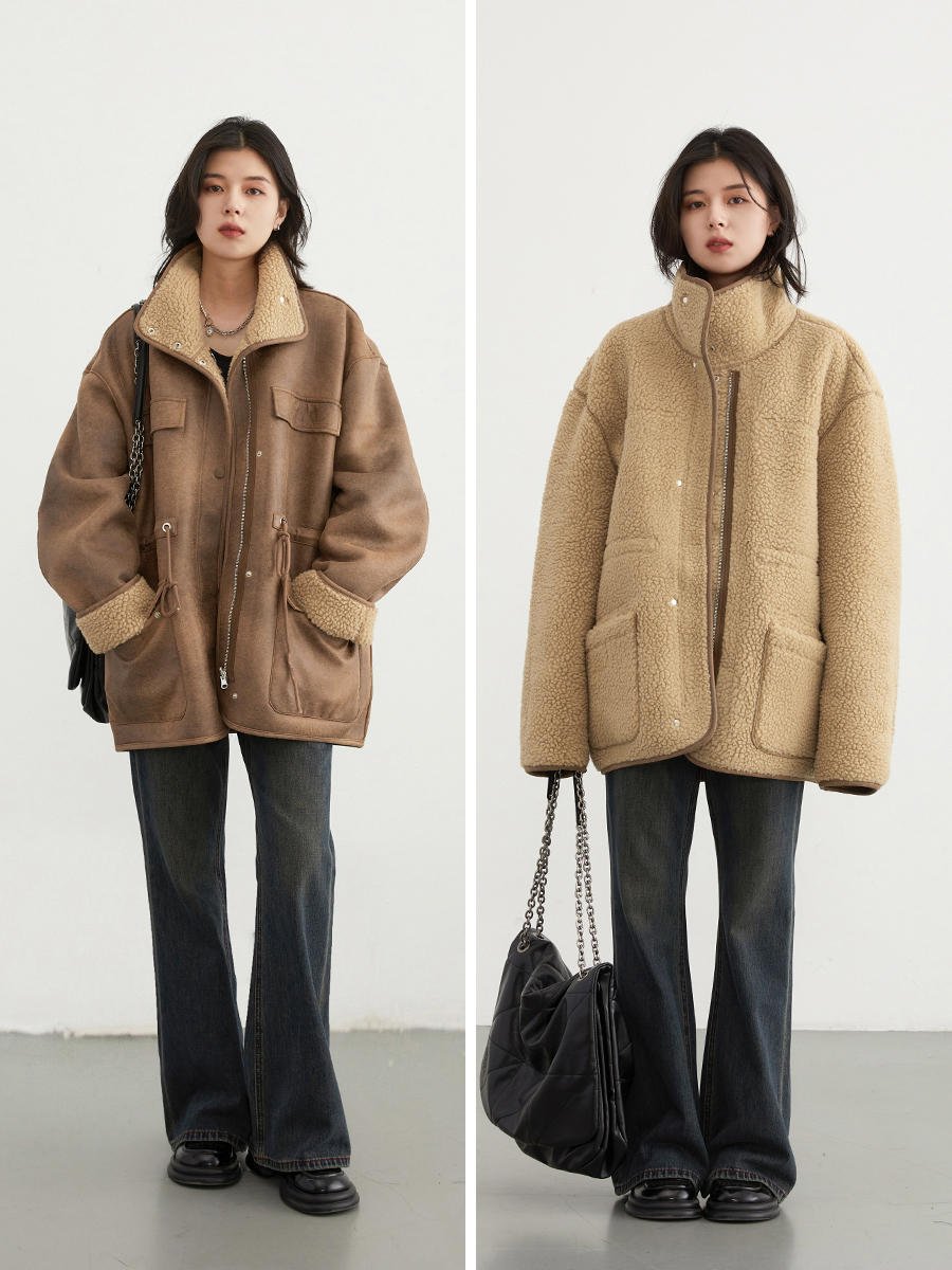 Women's Motorcycle Clothing Suede Lamb Wool Reverse Coat - Courbe et Compagnie