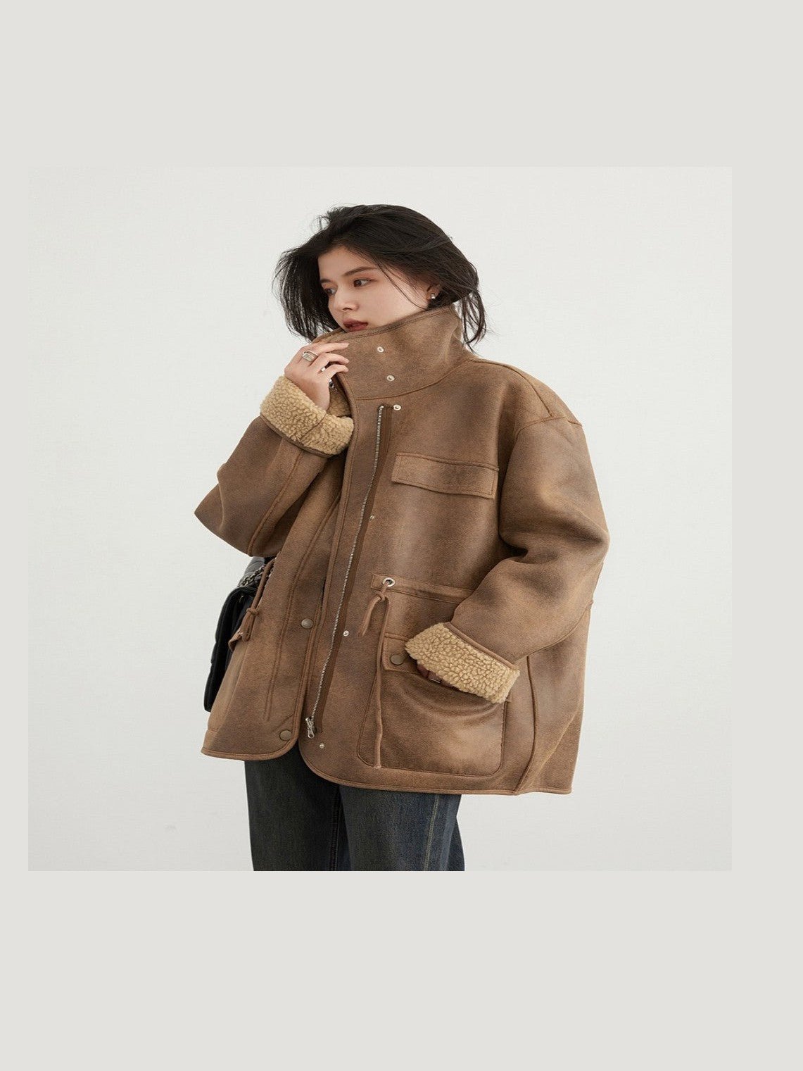 Women's Motorcycle Clothing Suede Lamb Wool Reverse Coat - Courbe et Compagnie