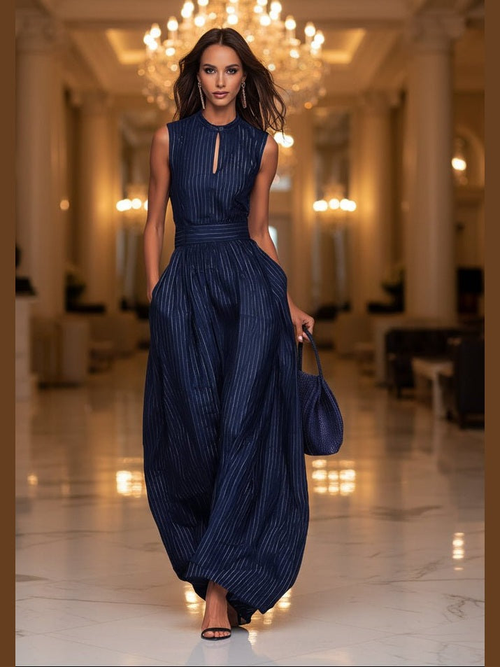 Women's Navy Blue Striped Sleeveless Wide-Leg Jumpsuit — High-Waist French Style - Courbe et Compagnie