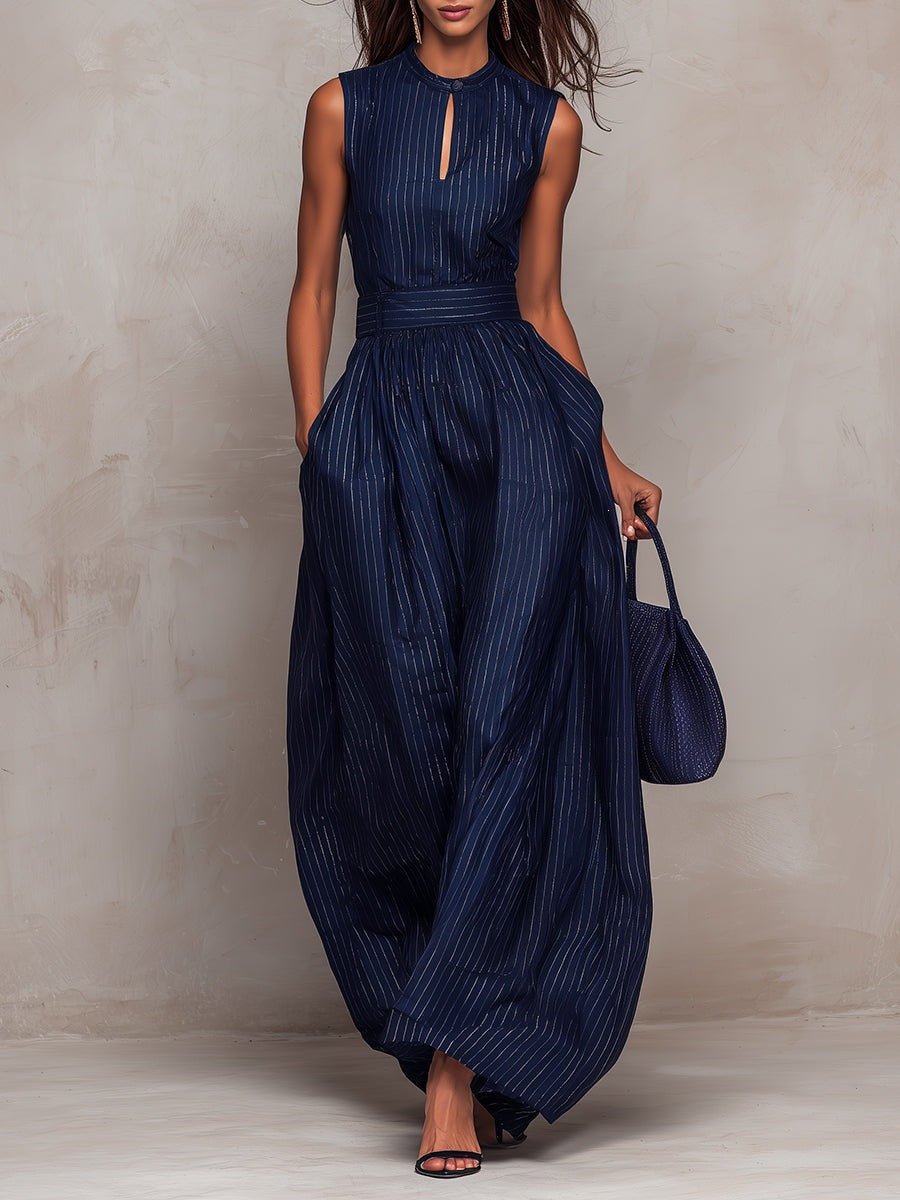 Women's Navy Blue Striped Sleeveless Wide-Leg Jumpsuit — High-Waist French Style - Courbe et Compagnie