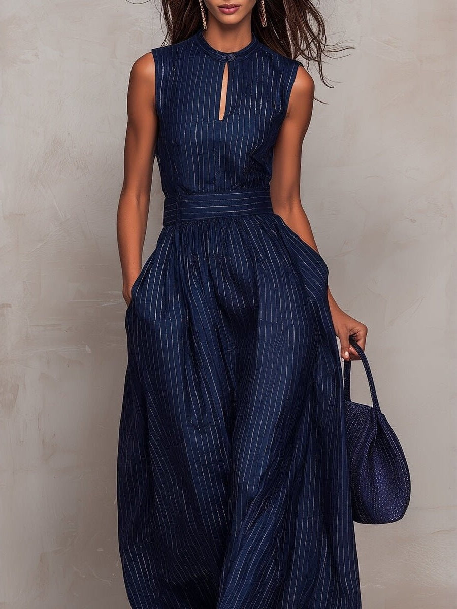 Women's Navy Blue Striped Sleeveless Wide-Leg Jumpsuit — High-Waist French Style - Courbe et Compagnie
