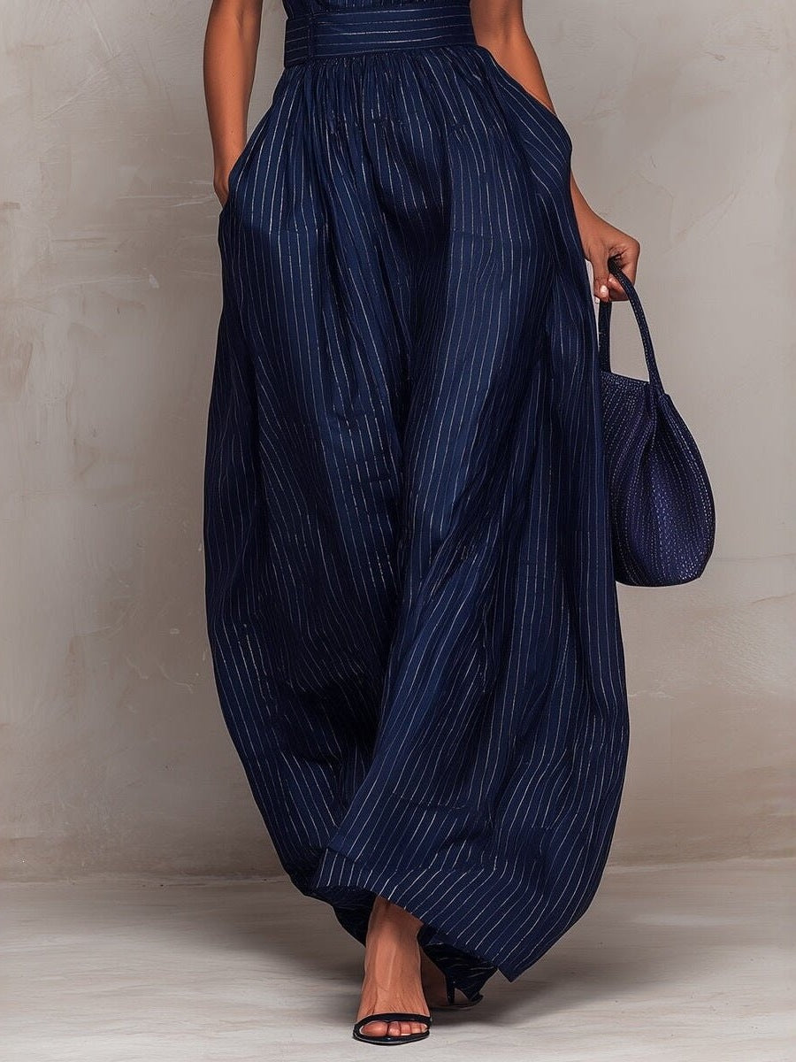 Women's Navy Blue Striped Sleeveless Wide-Leg Jumpsuit — High-Waist French Style - Courbe et Compagnie