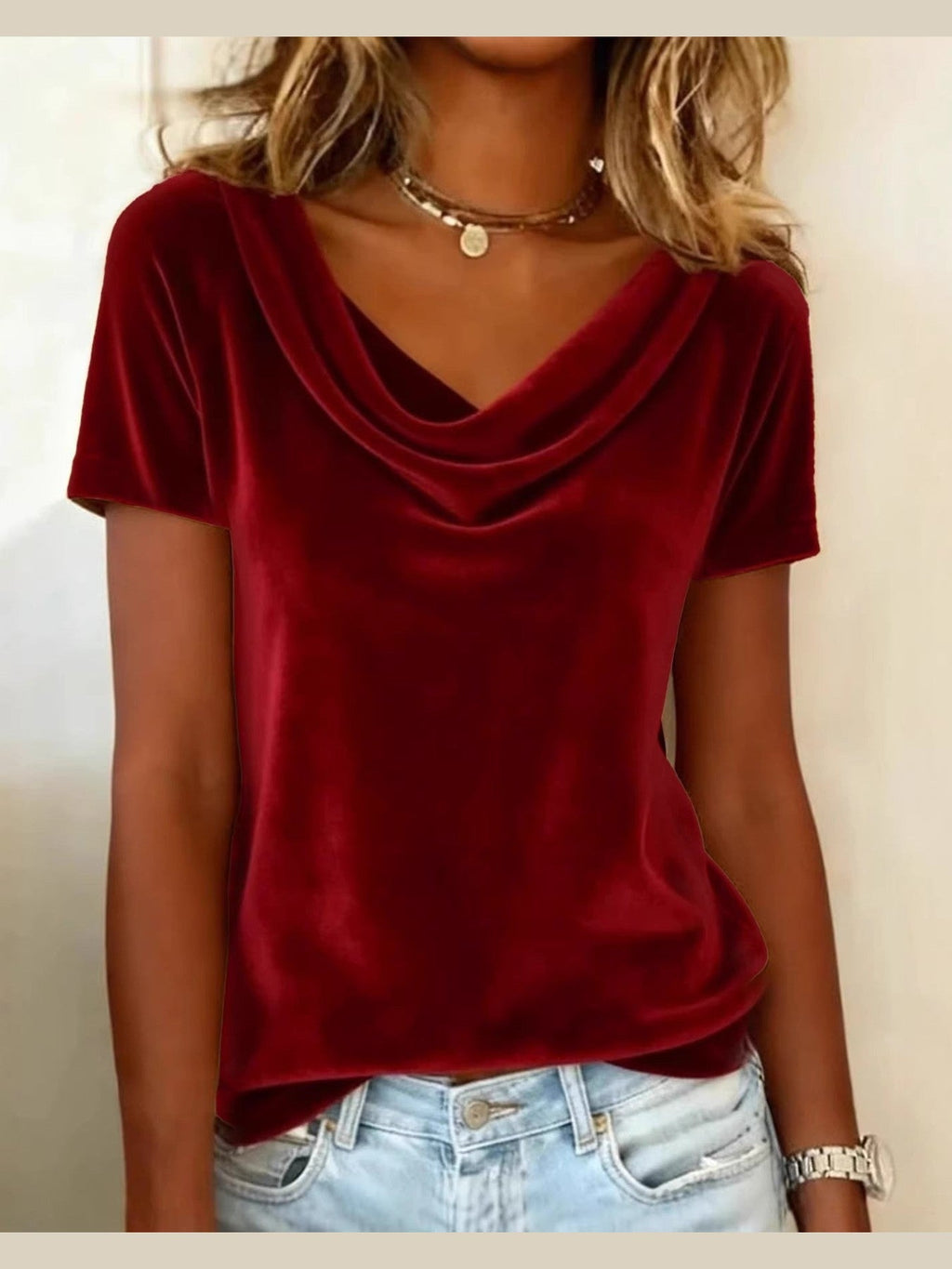 Womens New Solid-Colored Scoop-Neck Short-Sleeve Sexy Velvet T-Shirt - Courbe et Compagnie
