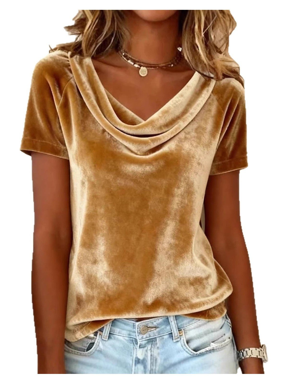 Womens New Solid-Colored Scoop-Neck Short-Sleeve Sexy Velvet T-Shirt - Courbe et Compagnie