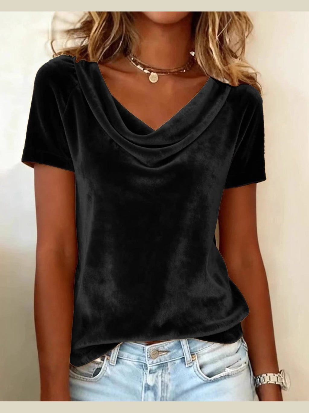 Womens New Solid-Colored Scoop-Neck Short-Sleeve Sexy Velvet T-Shirt - Courbe et Compagnie