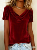 Womens New Solid-Colored Scoop-Neck Short-Sleeve Sexy Velvet T-Shirt - Courbe et Compagnie