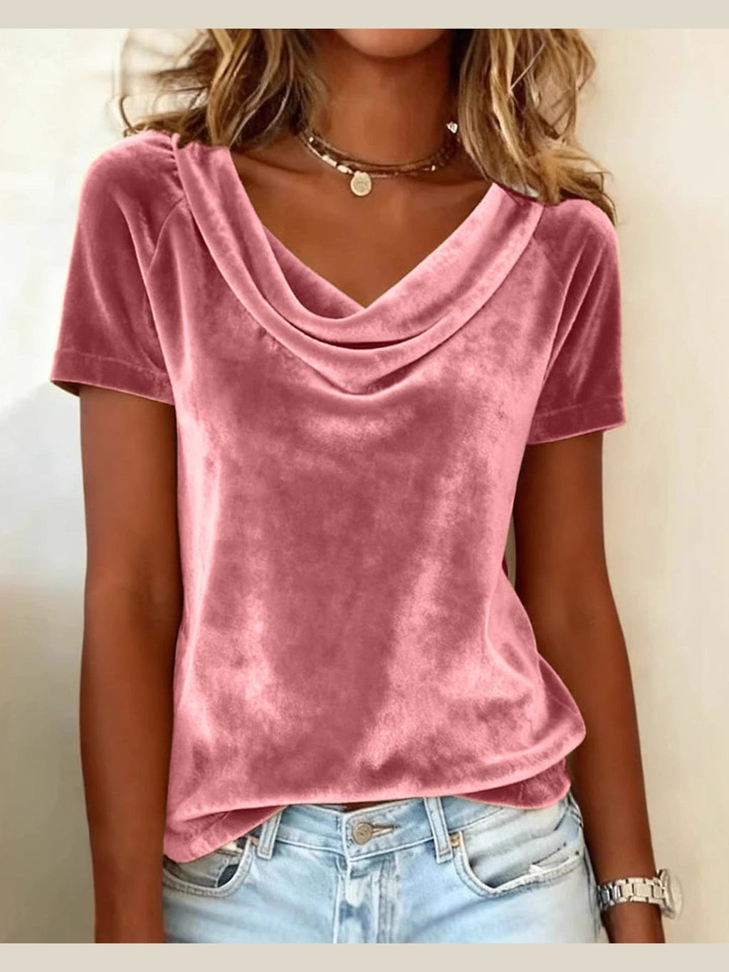 Womens New Solid-Colored Scoop-Neck Short-Sleeve Sexy Velvet T-Shirt - Courbe et Compagnie