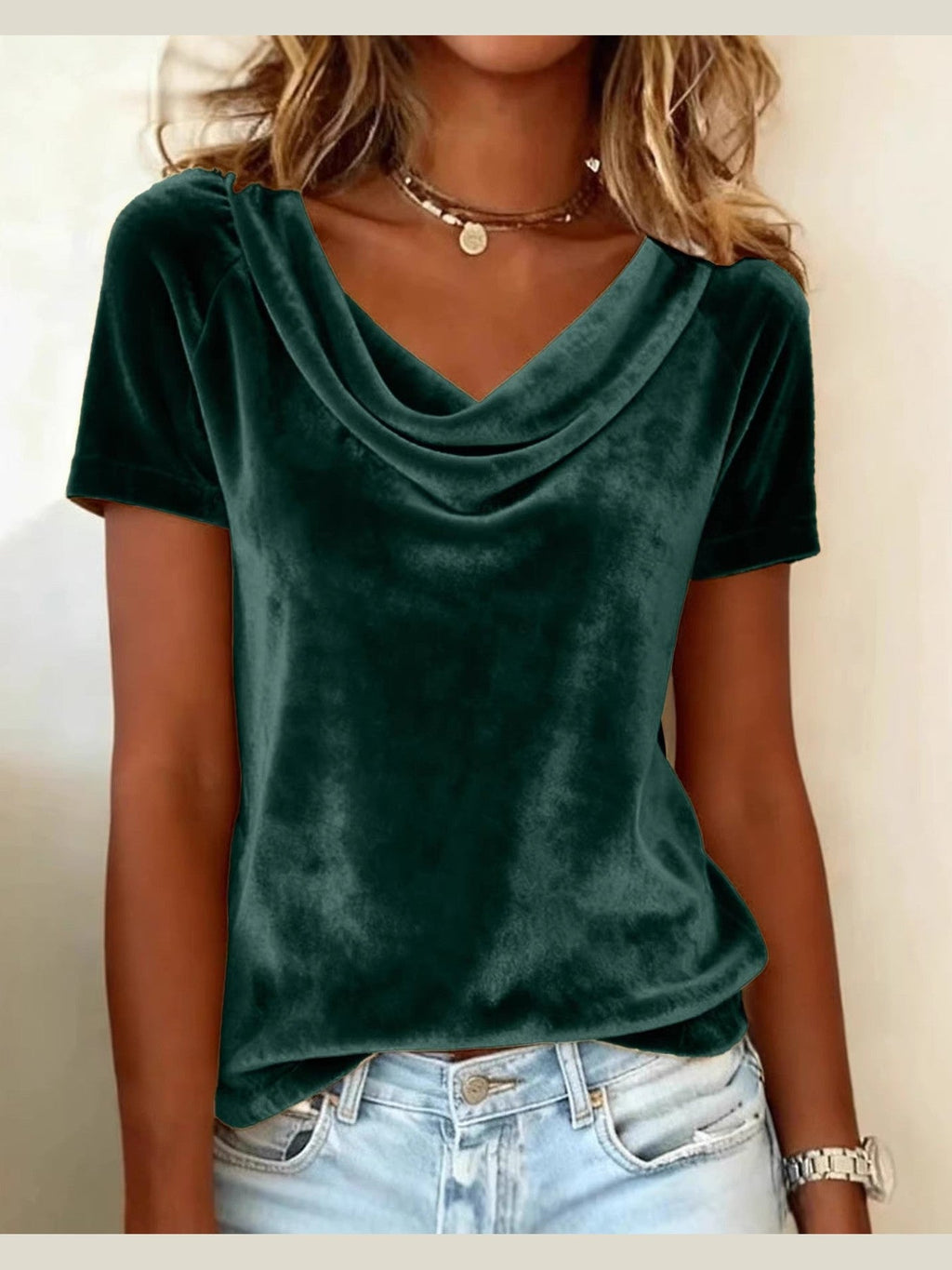 Womens New Solid-Colored Scoop-Neck Short-Sleeve Sexy Velvet T-Shirt - Courbe et Compagnie