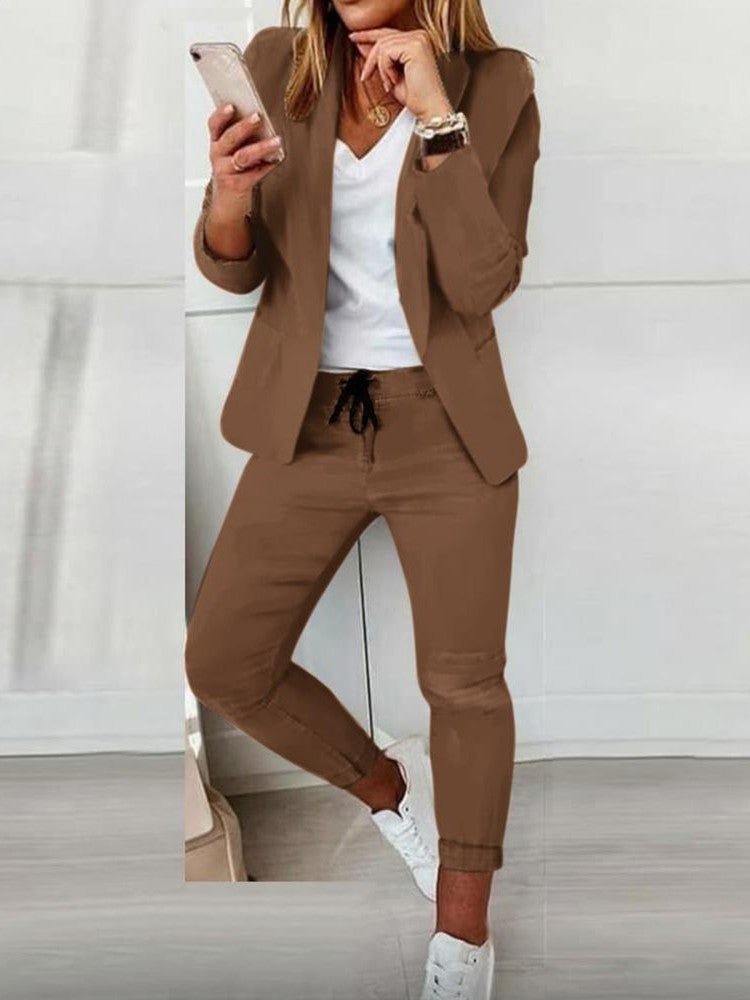 Women’s Notch-Lapel Blazer & Drawstring Pants Suit Set - Courbe et Compagnie