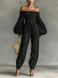 Women's Off-Shoulder Lantern Sleeve Pleated Loose Jumpsuit - Courbe et Compagnie
