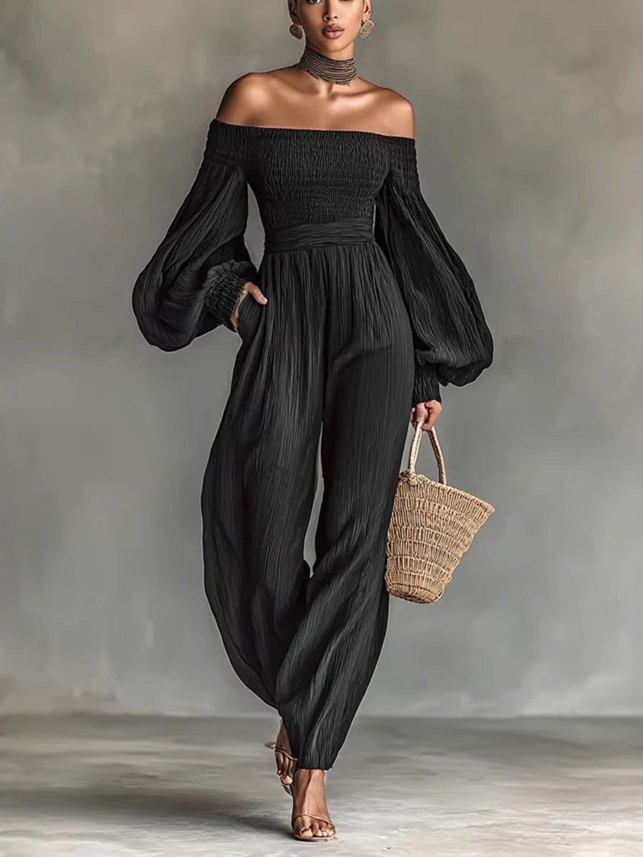 Women's Off-Shoulder Lantern Sleeve Pleated Loose Jumpsuit - Courbe et Compagnie