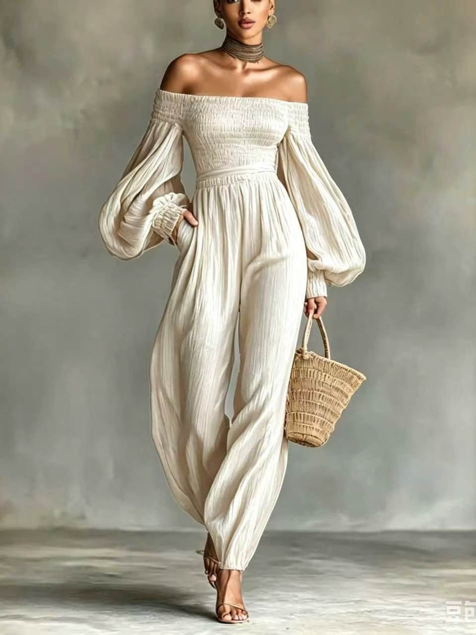 Women's Off-Shoulder Lantern Sleeve Pleated Loose Jumpsuit - Courbe et Compagnie