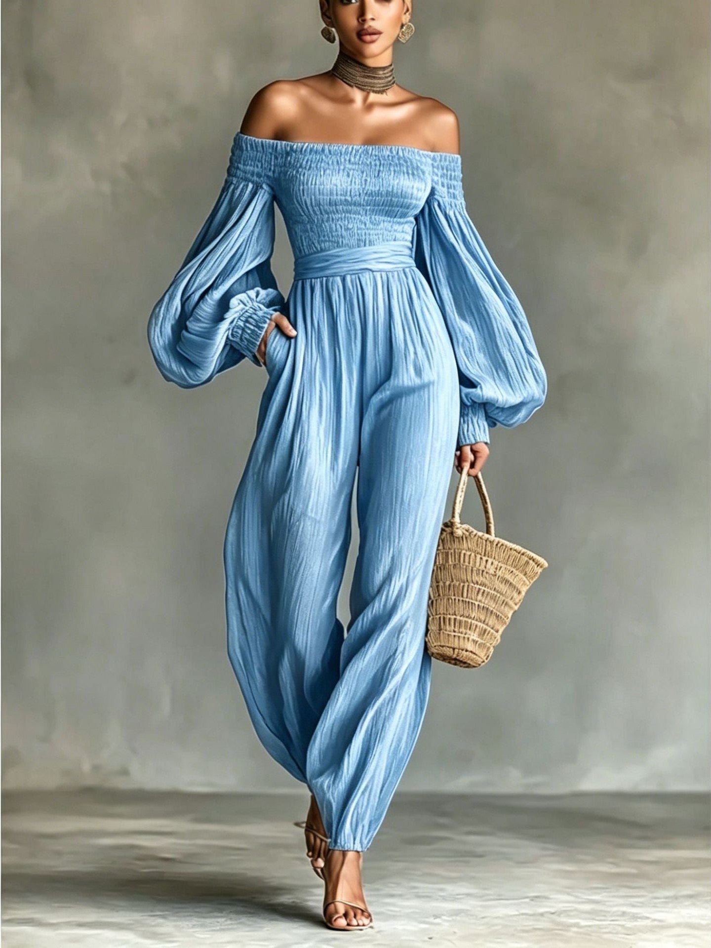 Women's Off-Shoulder Lantern Sleeve Pleated Loose Jumpsuit - Courbe et Compagnie