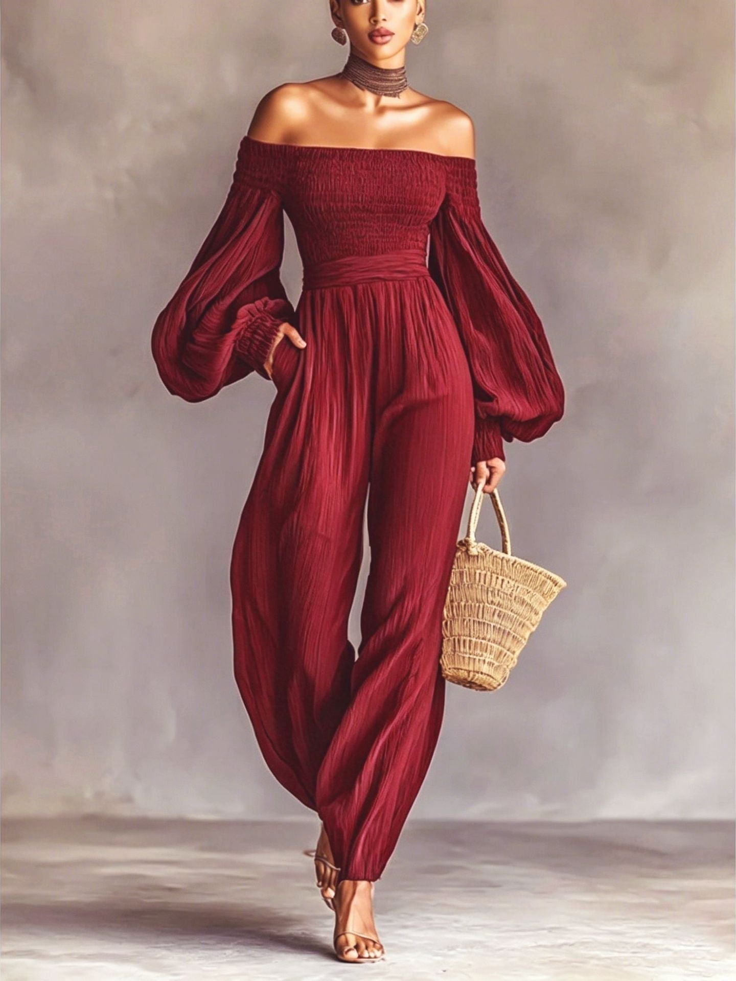 Women's Off-Shoulder Lantern Sleeve Pleated Loose Jumpsuit - Courbe et Compagnie