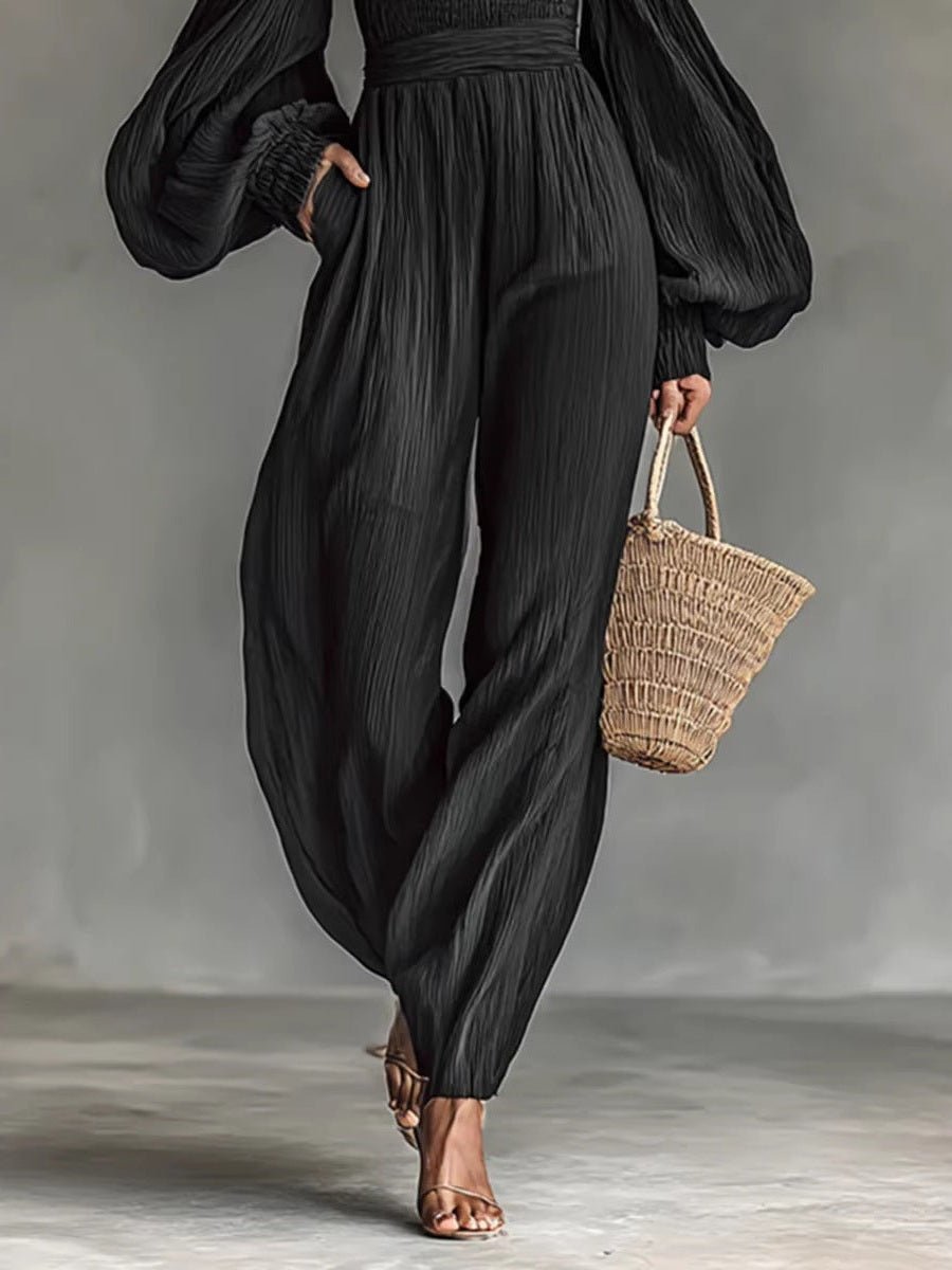 Women's Off-Shoulder Lantern Sleeve Pleated Loose Jumpsuit - Courbe et Compagnie