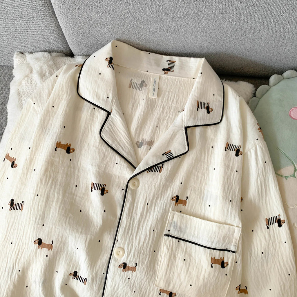 Women's Pajama Set Thin Cotton Cardigan Long Sleeve Pants Spring and Autumn Cartoon Dachshund Home Wear Set for Women Sleepwear - Courbe et Compagnie