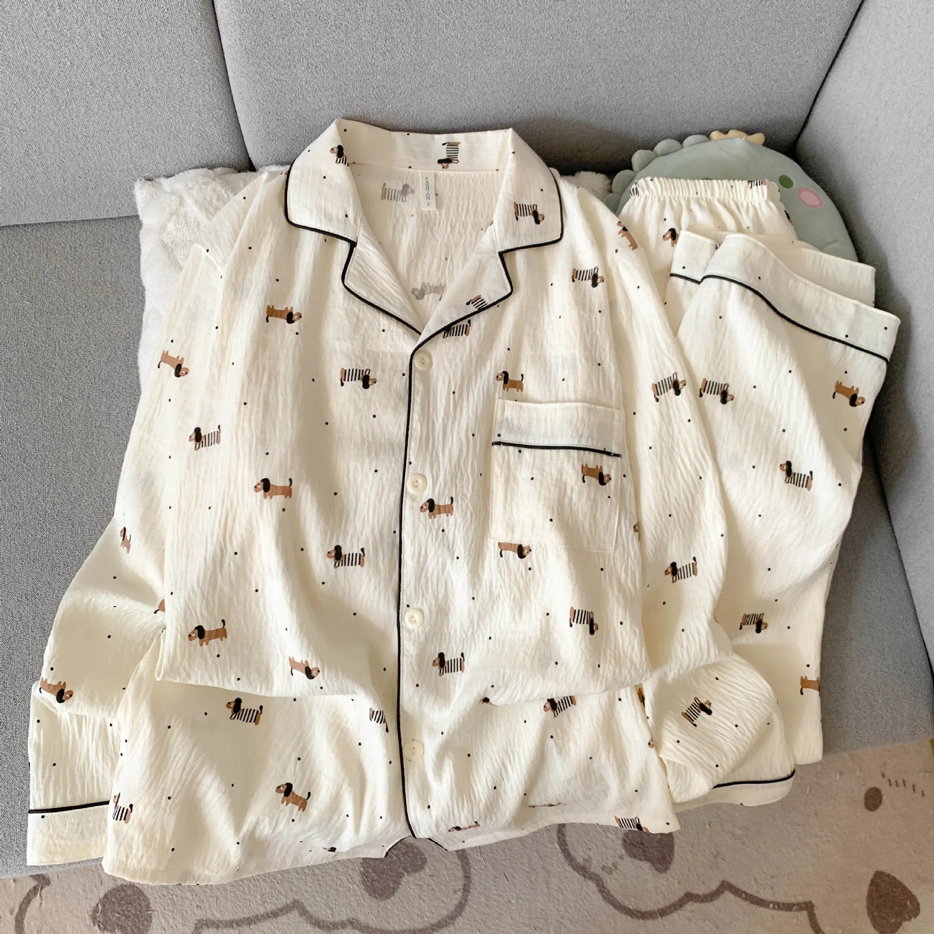 Women's Pajama Set Thin Cotton Cardigan Long Sleeve Pants Spring and Autumn Cartoon Dachshund Home Wear Set for Women Sleepwear - Courbe et Compagnie