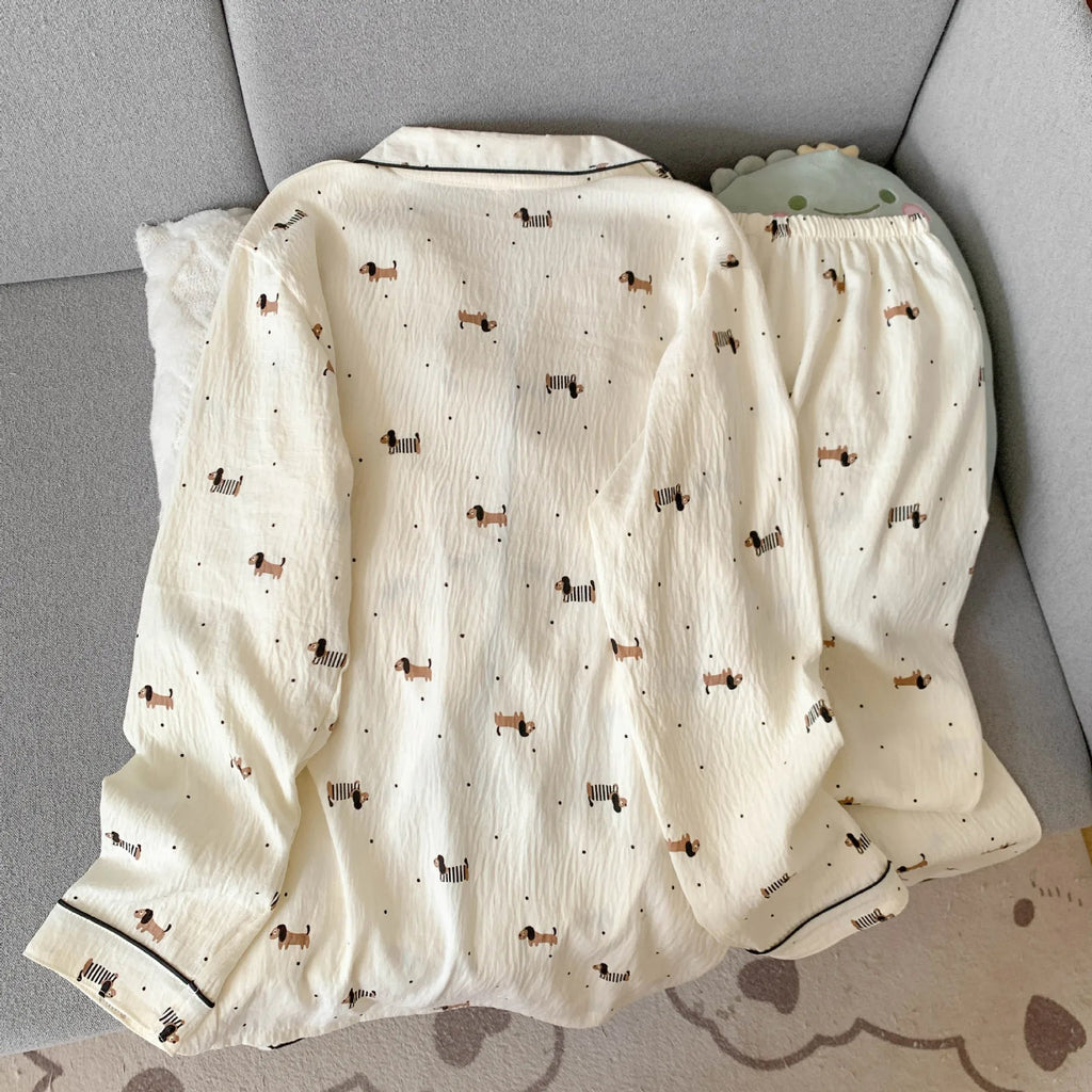 Women's Pajama Set Thin Cotton Cardigan Long Sleeve Pants Spring and Autumn Cartoon Dachshund Home Wear Set for Women Sleepwear - Courbe et Compagnie