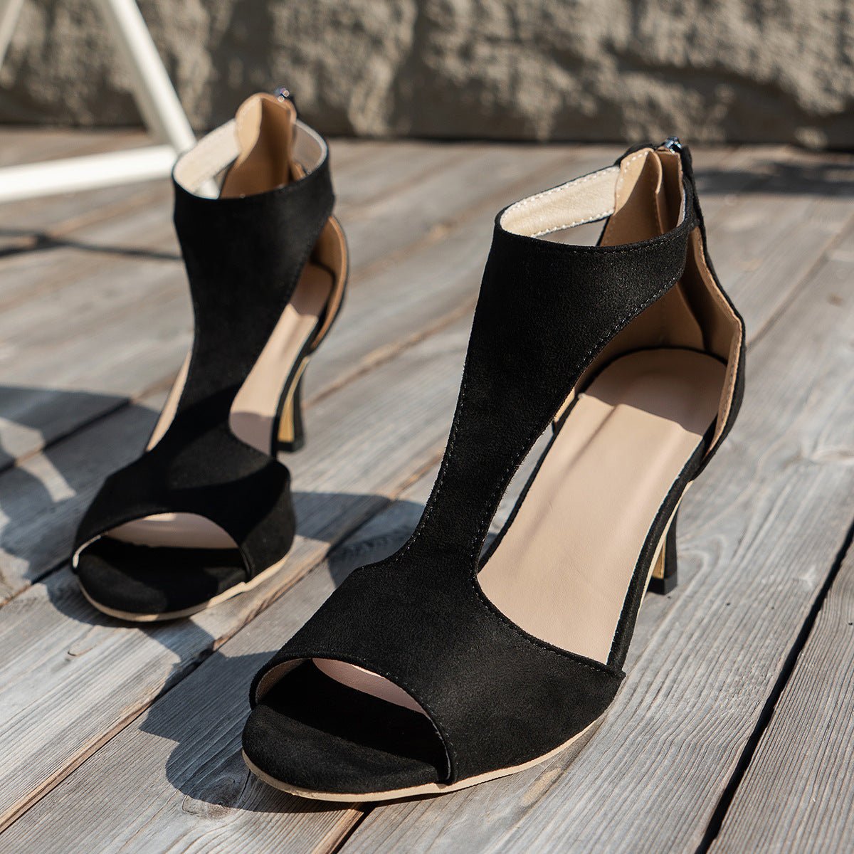 Women’s Peep Toe Zipper Heel Shoes | Suede High Heel Sandals - Courbe et Compagnie