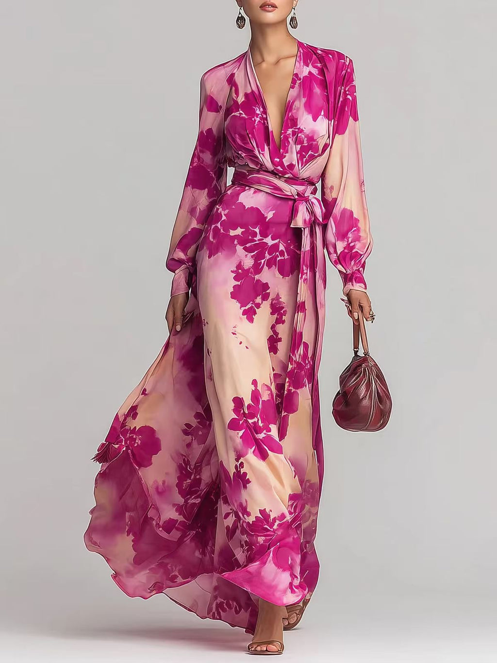 Women's Printed Chiffon Long Sleeve V-Neck Tie-Up Maxi Dress — Floral Fairy Dress - Courbe et Compagnie