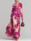 Women's Printed Chiffon Long Sleeve V-Neck Tie-Up Maxi Dress — Floral Fairy Dress - Courbe et Compagnie