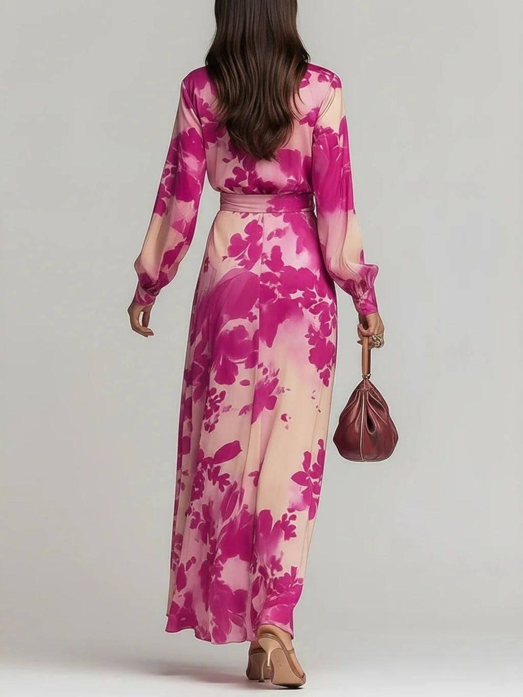 Women's Printed Chiffon Long Sleeve V-Neck Tie-Up Maxi Dress — Floral Fairy Dress - Courbe et Compagnie