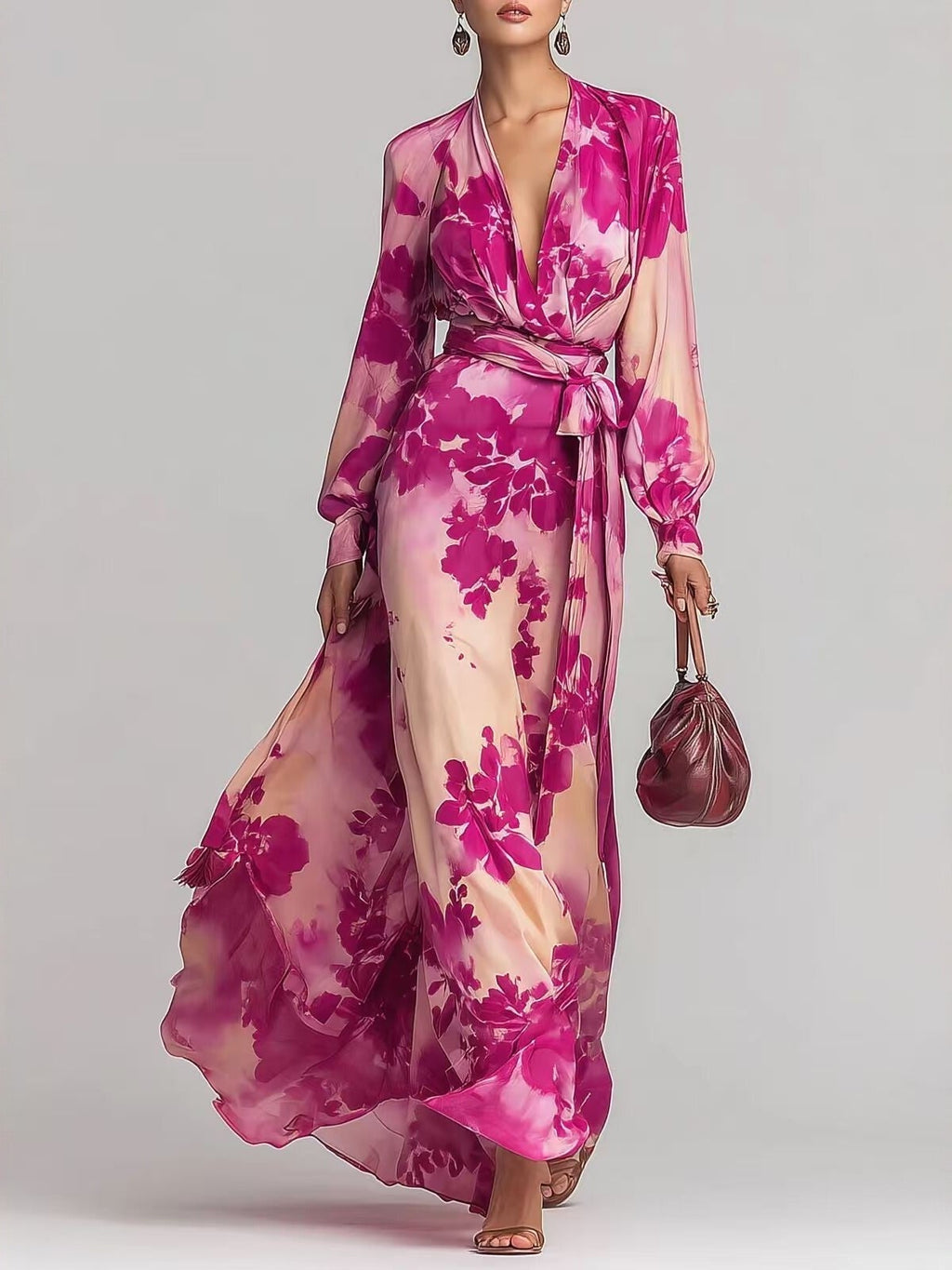Women's Printed Chiffon Long Sleeve V-Neck Tie-Up Maxi Dress — Floral Fairy Dress - Courbe et Compagnie