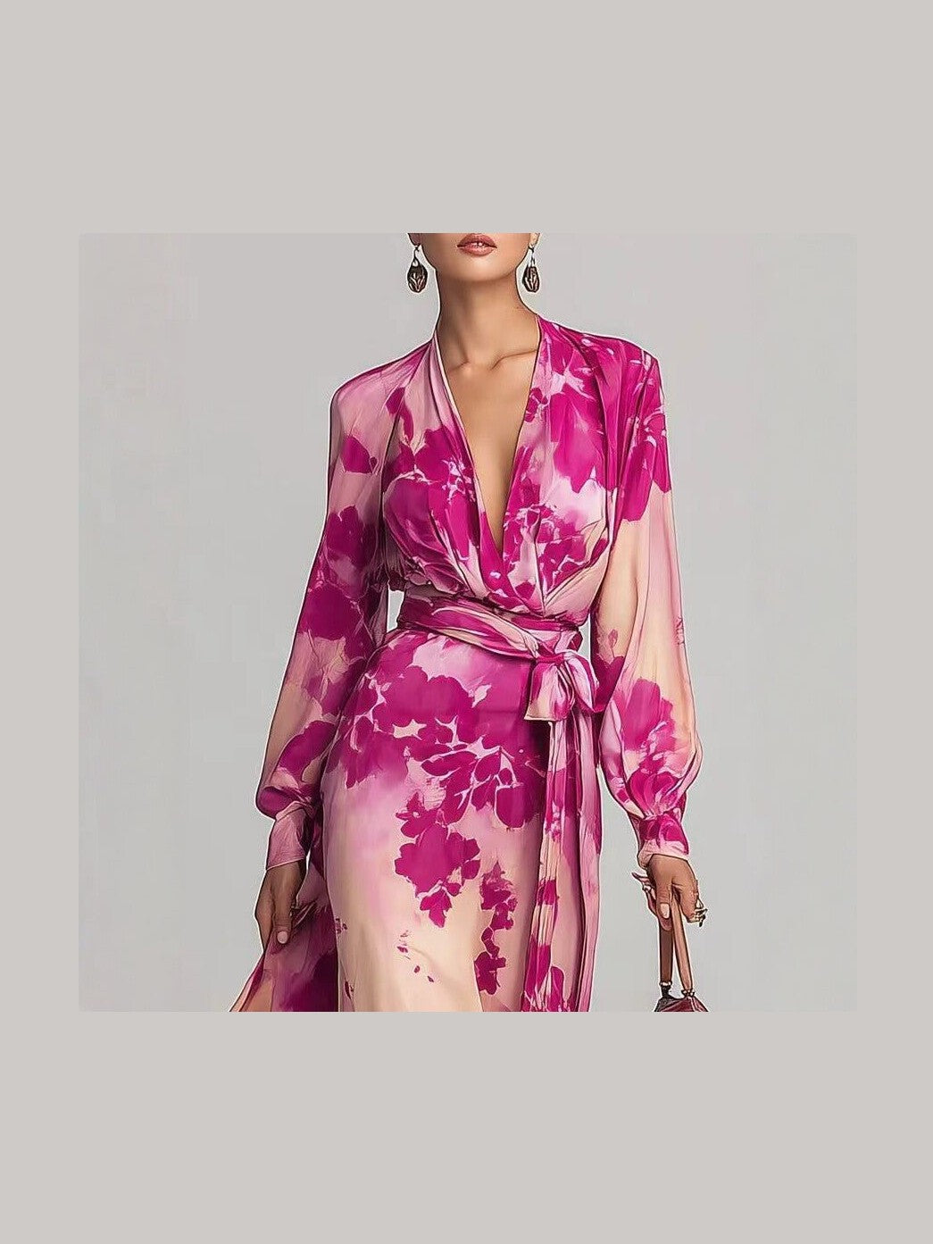 Women's Printed Chiffon Long Sleeve V-Neck Tie-Up Maxi Dress — Floral Fairy Dress - Courbe et Compagnie