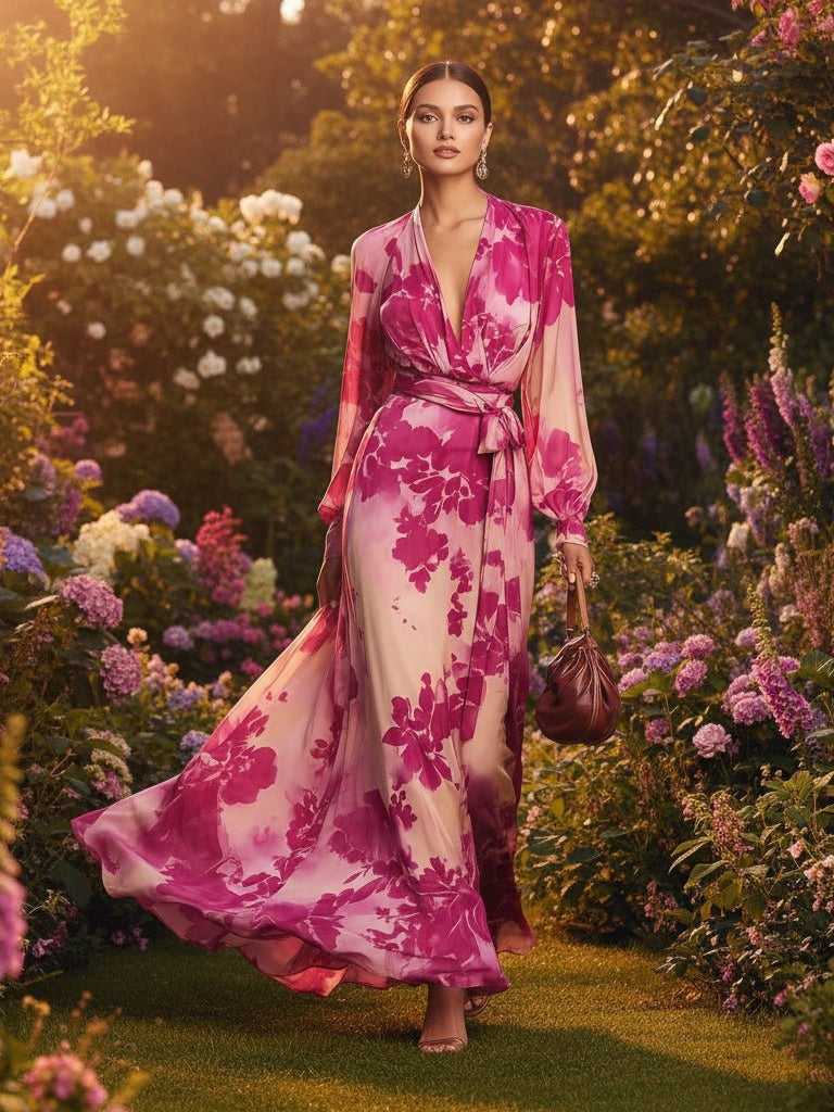 Women's Printed Chiffon Long Sleeve V-Neck Tie-Up Maxi Dress — Floral Fairy Dress - Courbe et Compagnie