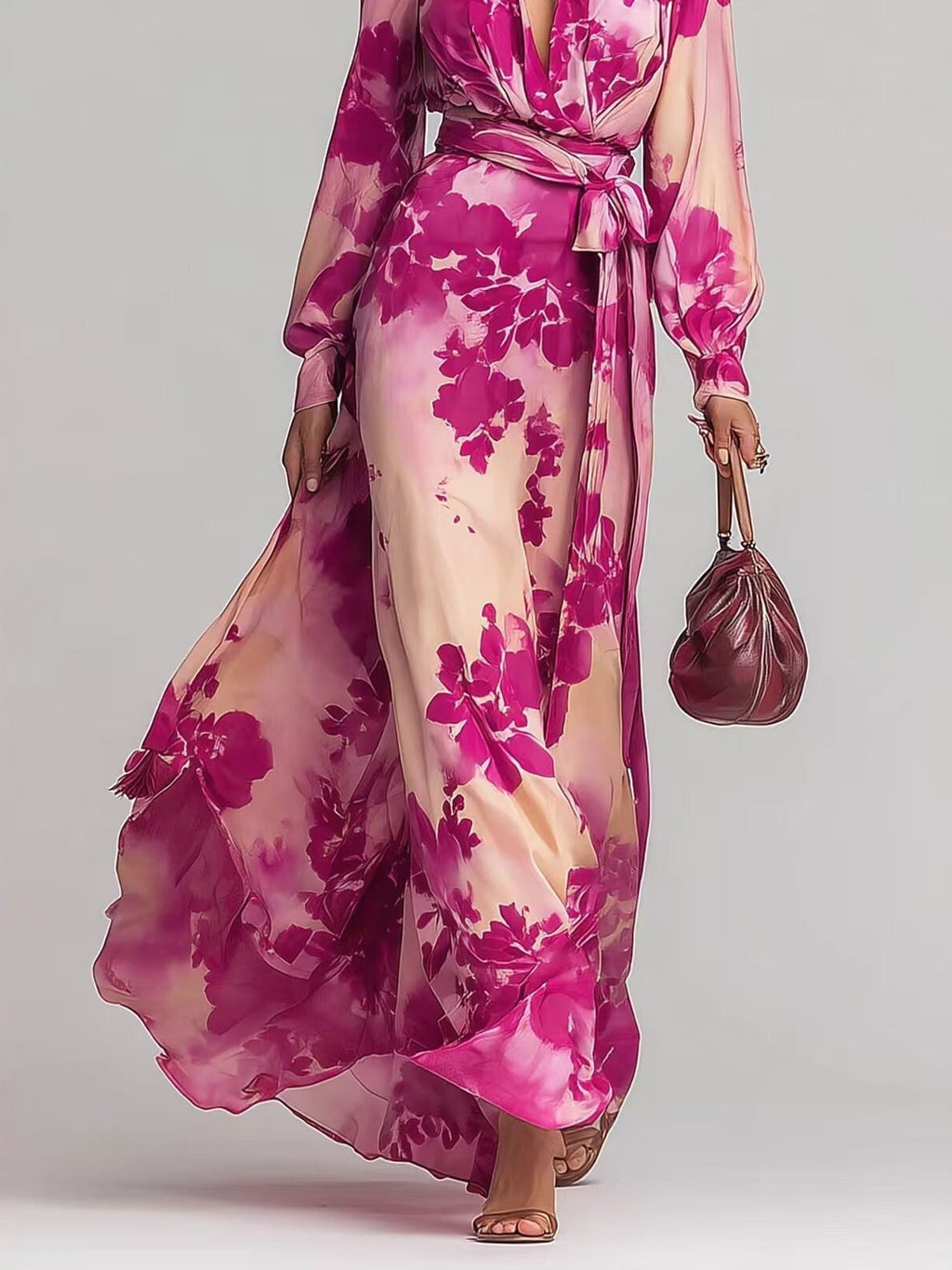 Women's Printed Chiffon Long Sleeve V-Neck Tie-Up Maxi Dress — Floral Fairy Dress - Courbe et Compagnie
