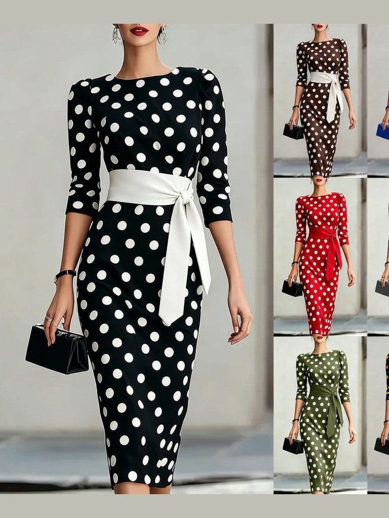 Women's Retro Polka-Dot Bodycon Midi Dress – Belted Cross-Tie - Courbe et Compagnie