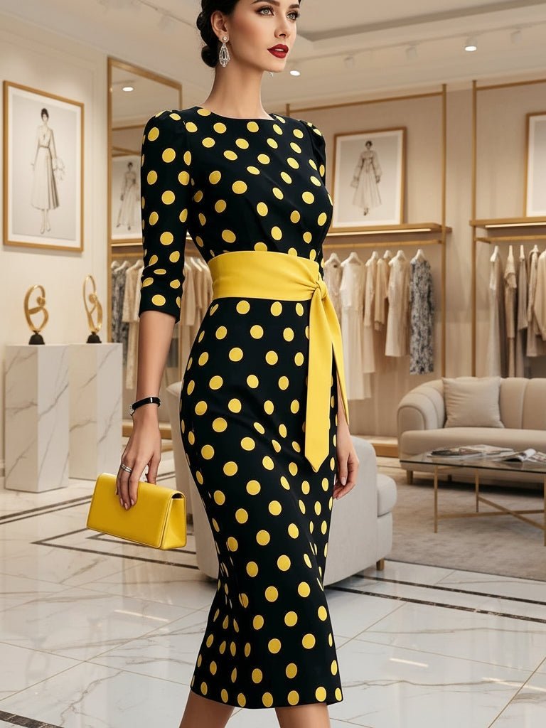 Women's Retro Polka-Dot Bodycon Midi Dress – Belted Cross-Tie - Courbe et Compagnie