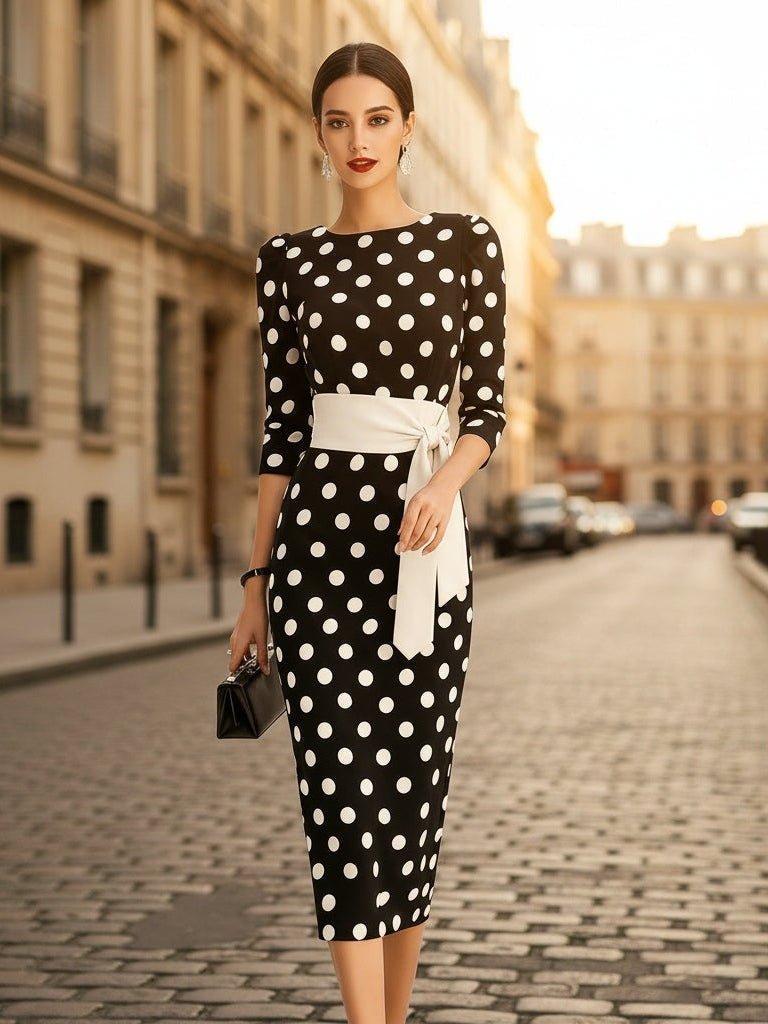 Women's Retro Polka-Dot Bodycon Midi Dress – Belted Cross-Tie - Courbe et Compagnie