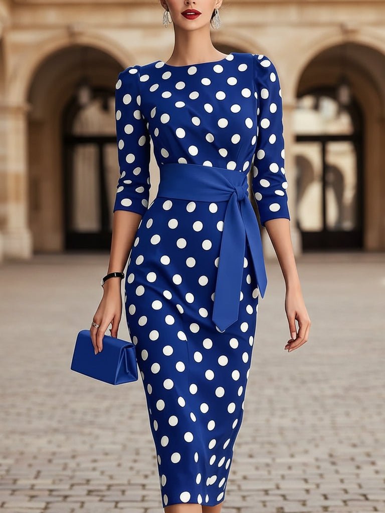 Women's Retro Polka-Dot Bodycon Midi Dress – Belted Cross-Tie - Courbe et Compagnie