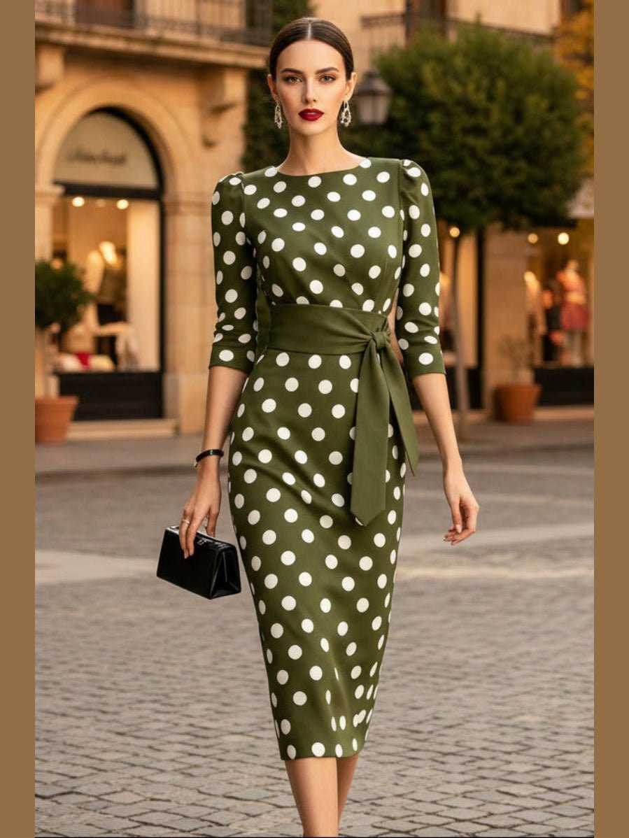 Women's Retro Polka-Dot Bodycon Midi Dress – Belted Cross-Tie - Courbe et Compagnie
