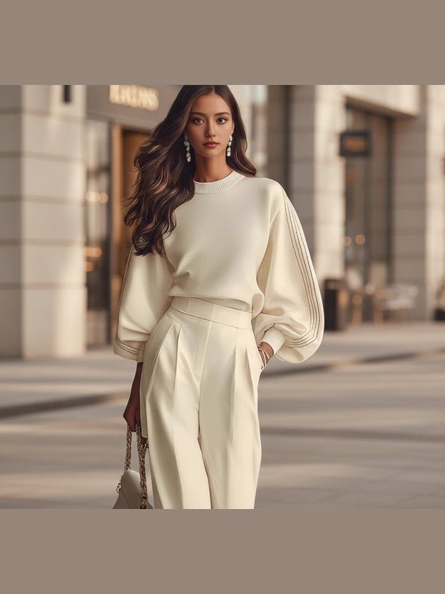 Women’s Round Neck Sweatshirt & Pants Set – Casual Long Sleeve Two-Piece Outfit - Courbe et Compagnie