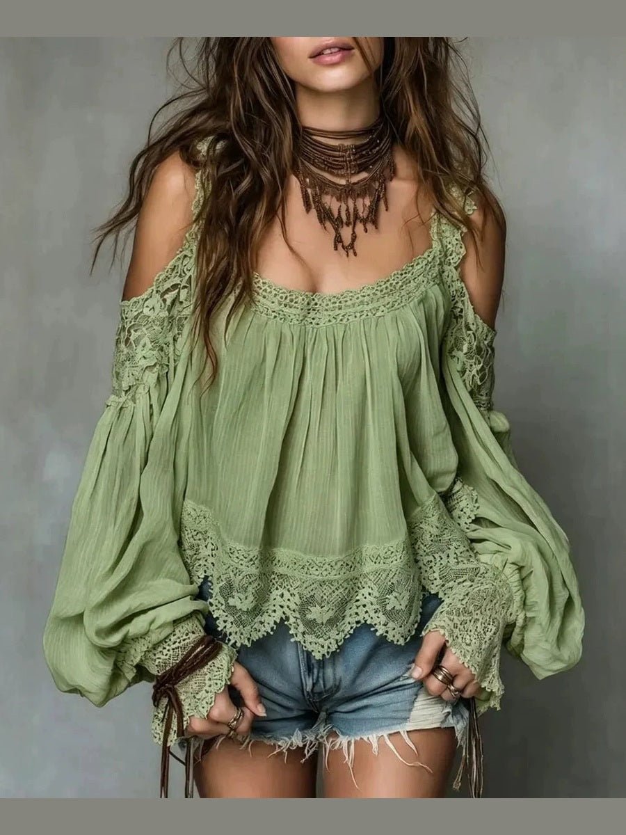 Women's Ruffle Detail Puff Sleeve Blouse – Strap-Layered Lace-Look - Courbe et Compagnie