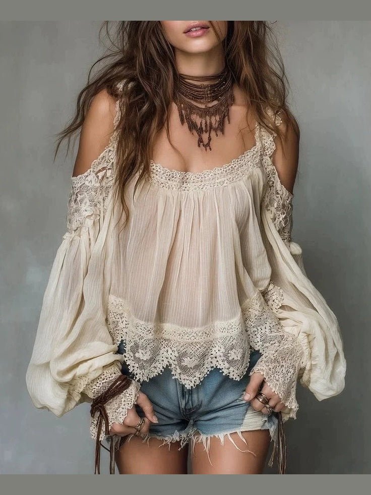 Women's Ruffle Detail Puff Sleeve Blouse – Strap-Layered Lace-Look - Courbe et Compagnie
