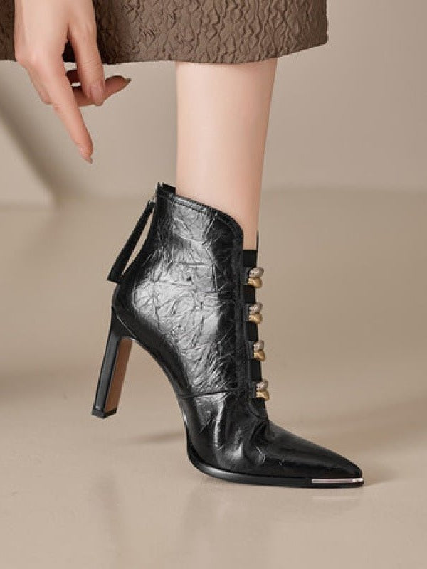 Women's Satin Pointed Toe Chunky Heel Short Boots – Ultra High Heel - Courbe et Compagnie