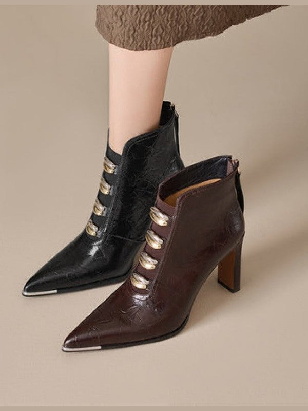 Women's Satin Pointed Toe Chunky Heel Short Boots – Ultra High Heel - Courbe et Compagnie