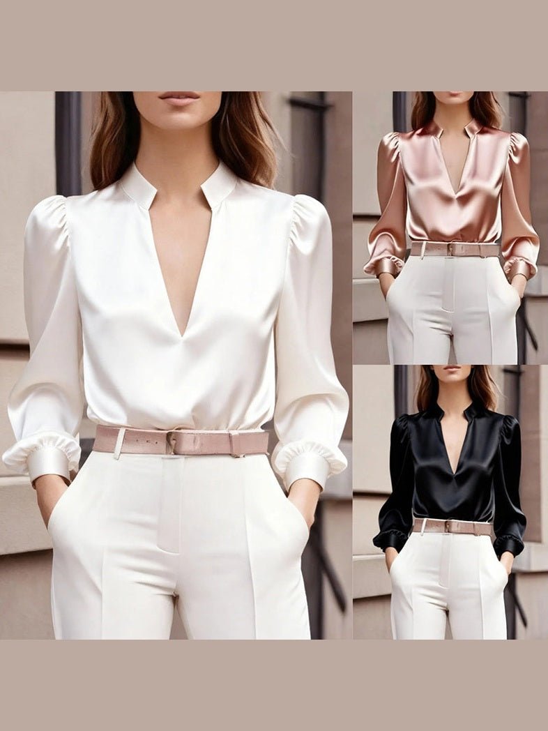 Women’s Satin V-Neck Long Sleeve Top – Slim Fit Solid Color Blouse - Courbe et Compagnie