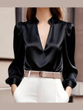 Women’s Satin V-Neck Long Sleeve Top – Slim Fit Solid Color Blouse - Courbe et Compagnie