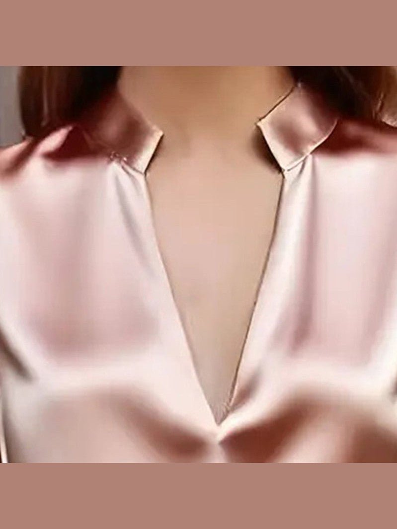 Women’s Satin V-Neck Long Sleeve Top – Slim Fit Solid Color Blouse - Courbe et Compagnie