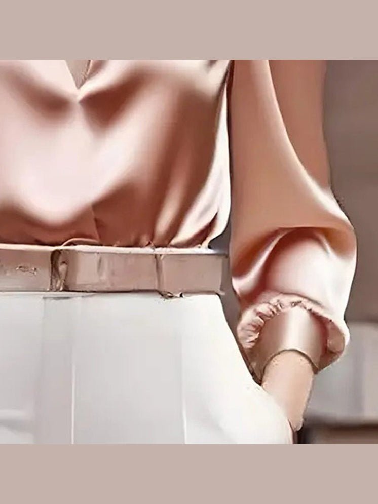 Women’s Satin V-Neck Long Sleeve Top – Slim Fit Solid Color Blouse - Courbe et Compagnie