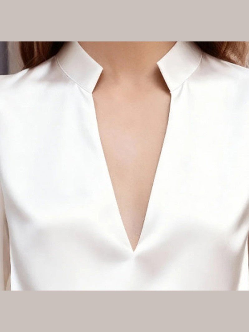 Women’s Satin V-Neck Long Sleeve Top – Slim Fit Solid Color Blouse - Courbe et Compagnie