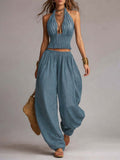 Women's Sleeveless Backless Halter Top & Wide-Leg Pants Set - Courbe et Compagnie
