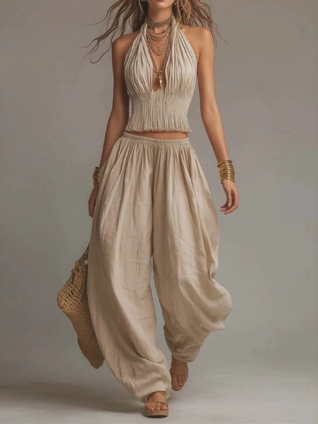 Women's Sleeveless Backless Halter Top & Wide-Leg Pants Set - Courbe et Compagnie