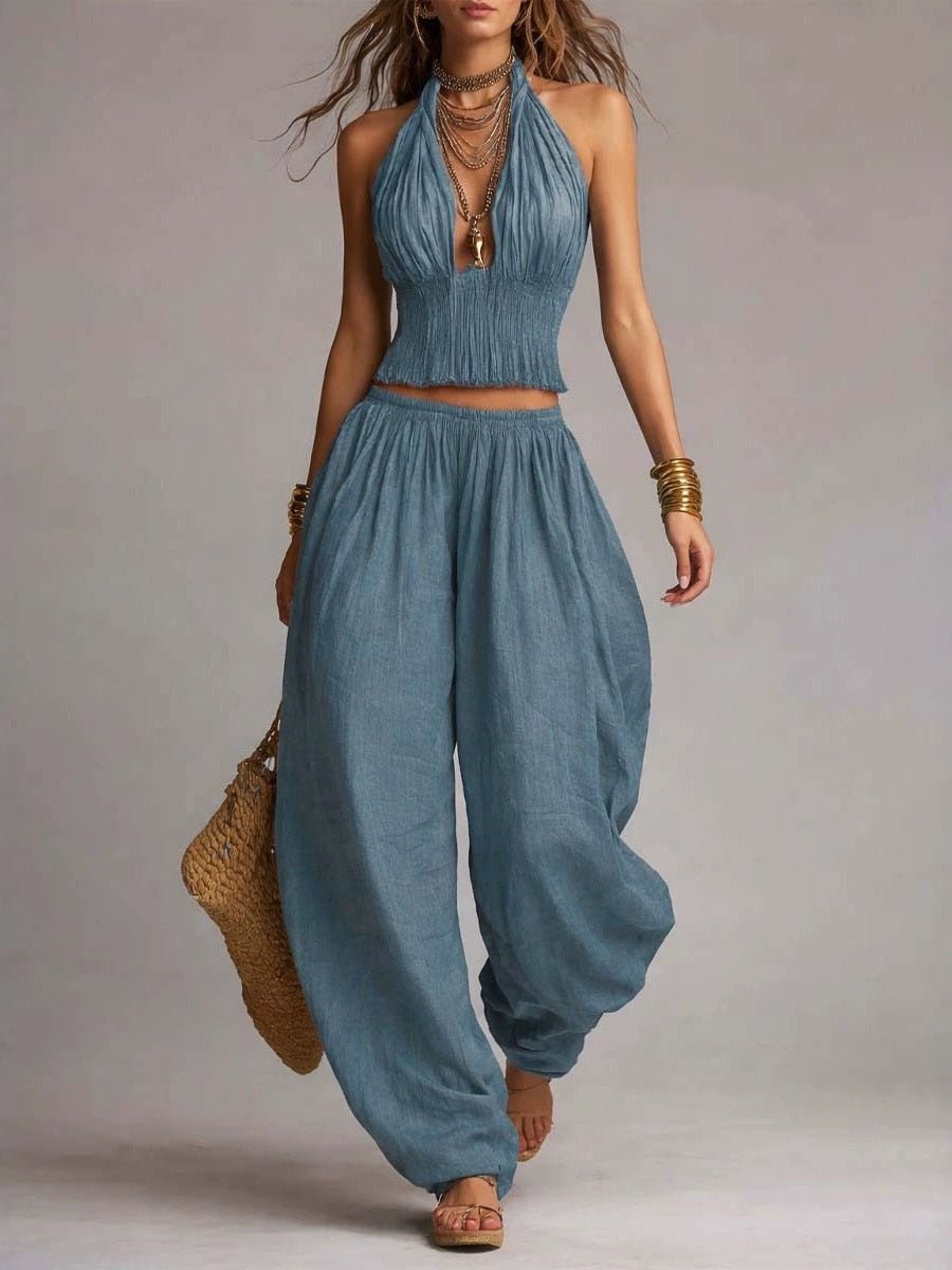 Women's Sleeveless Backless Halter Top & Wide-Leg Pants Set - Courbe et Compagnie